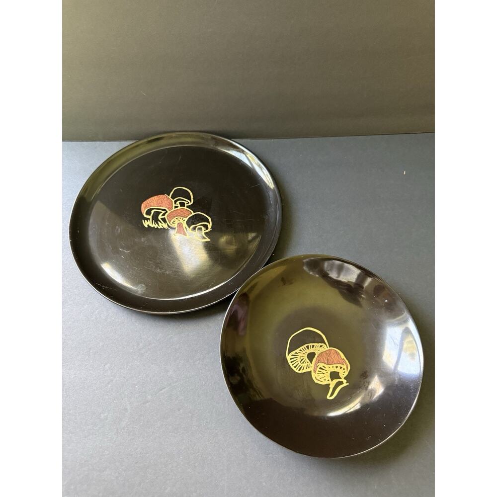 Vtg 1960s Curoc Of Monterey California Serving Bowl Plate Set MCM Inlaid Wood
